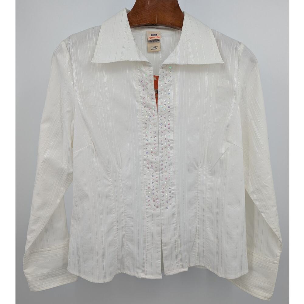 NWT VTG White Shimmering Hook & Eye Faded Glory Stretch Long Sleeve Top